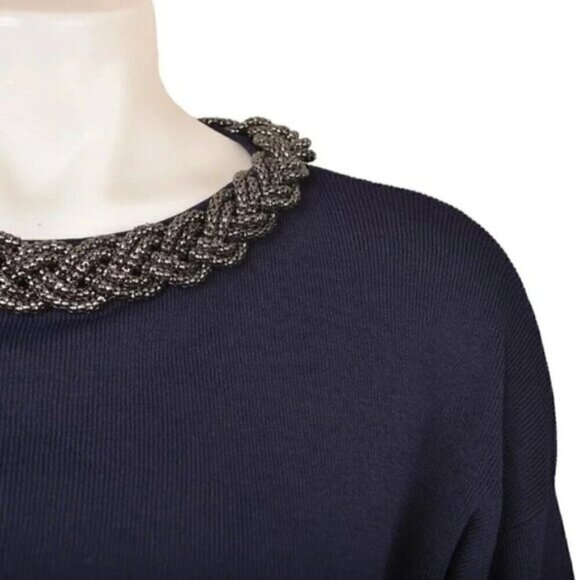 Zara Knit Blue Sweater Silver Necklace Neckline Size Small - Picture 4 of 9